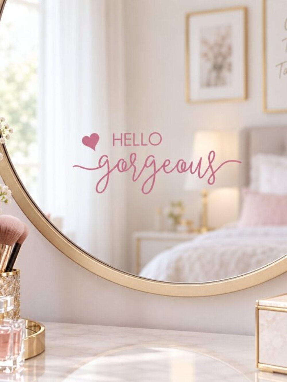Hello Gorgeous Pink Wall Mirror Decal Heart Feminine Decor 6.2” NWT